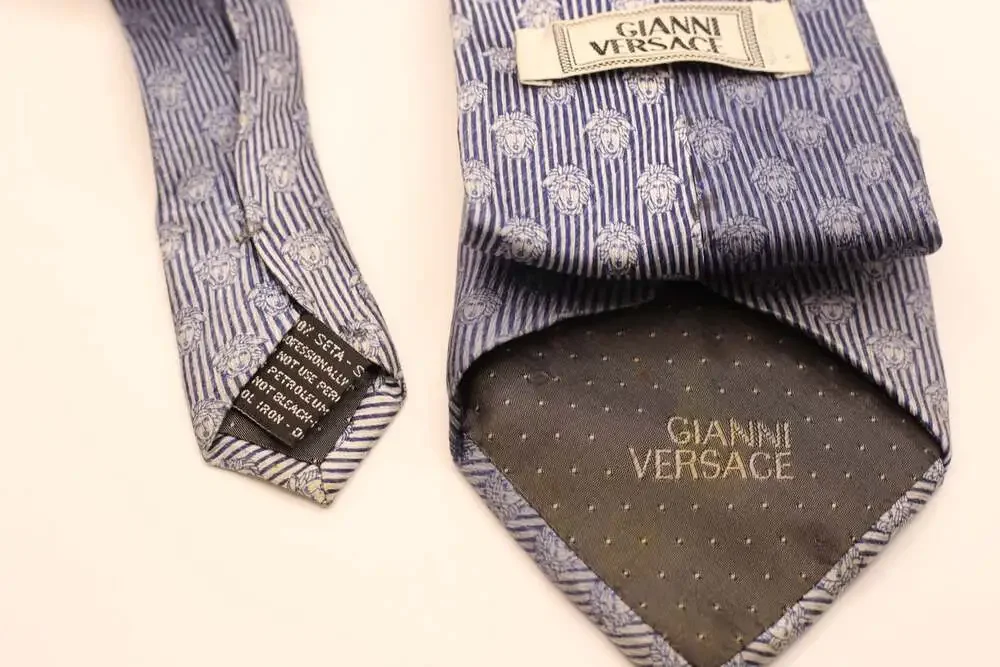 Gianni Versace Medusa Head Pattern Silk Necktie in Blue Striped